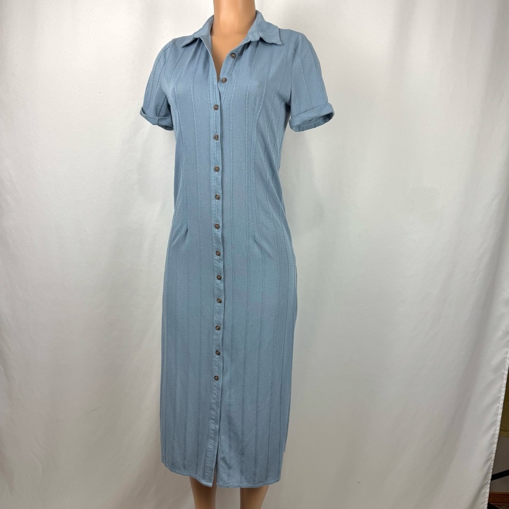 SkyLar Rose Dust Blue Maxi Buttoned Tunic Dress /Duster High Cut Side Slits Sz S - Picture 6 of 13